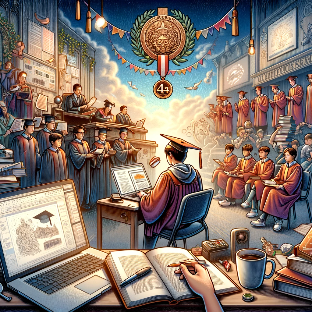 An image capturing the pivotal moments of a student's final year at HTL, from the intense focus during exam preparations to the triumphant smiles at graduation. The visual journey includes scenes of students engaged in study sessions, a hand turning the pages of a thick textbook on electrical engineering, a confident presentation in front of a classroom, and a group of graduates throwing their caps in the air, celebrating their collective success and resilience