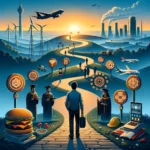 Illustration of an engineer's journey from electrical engineering to cybersecurity, featuring circuit boards evolving into digital locks and shields against an industrial and digital cybersecurity background, symbolizing innovation and the integration of engineering with cybersecurity