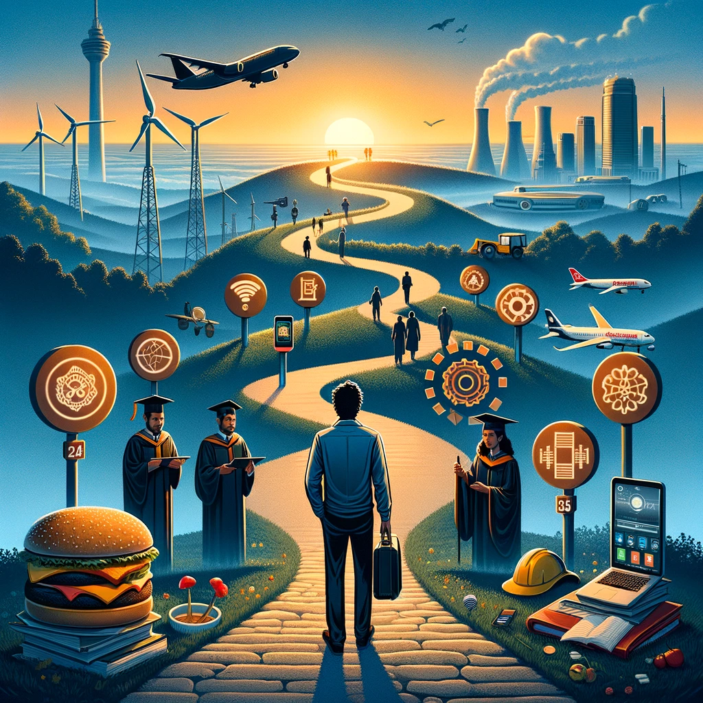 Illustration of an engineer's journey from electrical engineering to cybersecurity, featuring circuit boards evolving into digital locks and shields against an industrial and digital cybersecurity background, symbolizing innovation and the integration of engineering with cybersecurity