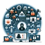 Illustrative concept of various cybersecurity threats represented in a digital style. Central to the image is a hooded figure symbolizing a hacker, surrounded by icons of different types of malware such as viruses, worms, and trojans. Also depicted are symbols for ransomware, spyware, and botnets, along with digital motifs like locks, bugs, and circuitry, all against a blue-toned background suggesting a high-tech atmosphere.