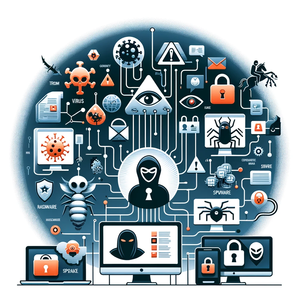 Illustrative concept of various cybersecurity threats represented in a digital style. Central to the image is a hooded figure symbolizing a hacker, surrounded by icons of different types of malware such as viruses, worms, and trojans. Also depicted are symbols for ransomware, spyware, and botnets, along with digital motifs like locks, bugs, and circuitry, all against a blue-toned background suggesting a high-tech atmosphere.