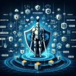Comprehensive cybersecurity strategies against ransomware infographic, featuring essential protection techniques like data backups symbolized by a digital time machine, software update shields, cybersecurity education as Cyber Hogwarts, email vigilance with a detective magnifying glass, reliable security software as a digital bodyguard, network segmentation maze, limited user privileges with keys, an incident response plan, and teamwork with cyber allies as superheroes, for enhancing digital safety and resilience.
