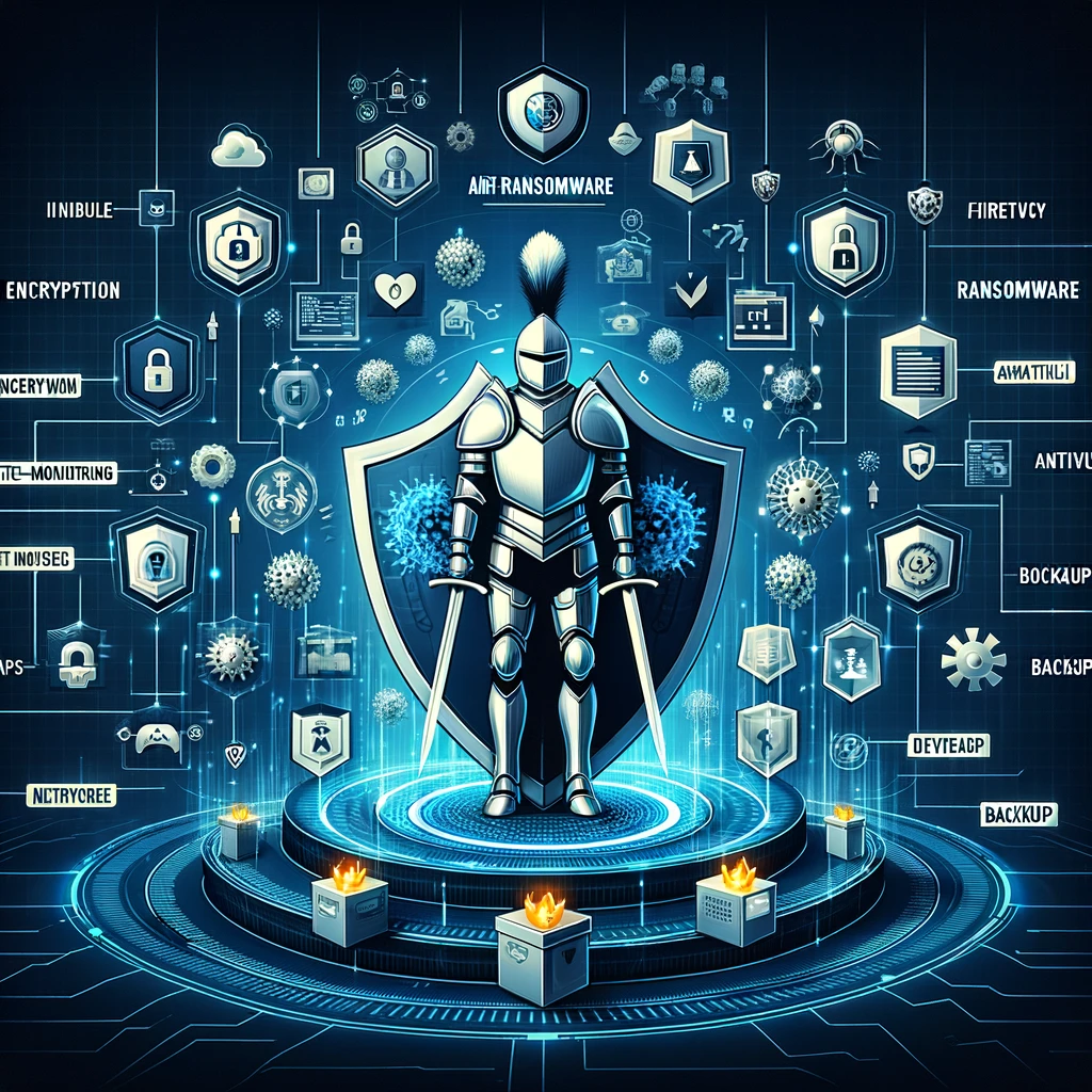 Comprehensive cybersecurity strategies against ransomware infographic, featuring essential protection techniques like data backups symbolized by a digital time machine, software update shields, cybersecurity education as Cyber Hogwarts, email vigilance with a detective magnifying glass, reliable security software as a digital bodyguard, network segmentation maze, limited user privileges with keys, an incident response plan, and teamwork with cyber allies as superheroes, for enhancing digital safety and resilience.
