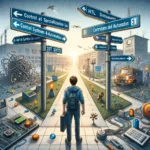The image illustrates a student facing a crossroads, visually metaphorizing the critical choices in tech education and career paths in control systems and automation. Directional signs and circuit board pathways merge to form a compelling narrative about the journey through technology learning and specialization. It's a creative representation of the decisions students face in the evolving tech landscape, perfect for discussions on educational direction in STEM fields.