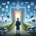 An image capturing the essence of a transformative educational journey, depicting a series of textbooks on electrical engineering and cybersecurity, a laptop displaying code, and graduation cap symbolizing the transition from an HTL student to a cybersecurity specialist. The background subtly blends classroom elements with digital security motifs, illustrating the evolution of learning and the foundation laid during the HTL years that paved the way for future growth in the tech field. This visual narrative conveys both the challenges overcome and the achievements celebrated, honoring the journey's impact on personal and professional development.