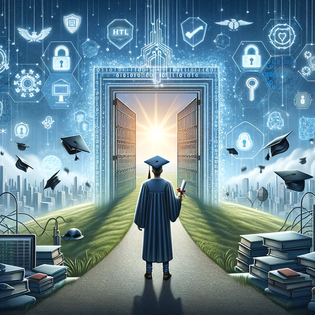 An image capturing the essence of a transformative educational journey, depicting a series of textbooks on electrical engineering and cybersecurity, a laptop displaying code, and graduation cap symbolizing the transition from an HTL student to a cybersecurity specialist. The background subtly blends classroom elements with digital security motifs, illustrating the evolution of learning and the foundation laid during the HTL years that paved the way for future growth in the tech field. This visual narrative conveys both the challenges overcome and the achievements celebrated, honoring the journey's impact on personal and professional development.