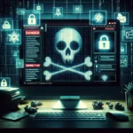 Infographic detailing the top 5 types of ransomware threats including Encrypting Ransomware as a digital locksmith, Locker Ransomware as an exclusive club lockout, Scareware or Fake Antivirus Ransomware as a computer costume party, Doxware as a gossip-mongering digital goblin, and Ransomware as a Service (RaaS) as a chaos-causing online rental store. Highlights the unexpected 'Ransomcough' encounter through shady online activities and previews effective combat strategies for a cyber-hero's adventure against ransomware threats. Visualizes a dynamic cyber-battlefield for proactive digital defense and cybersecurity awareness.