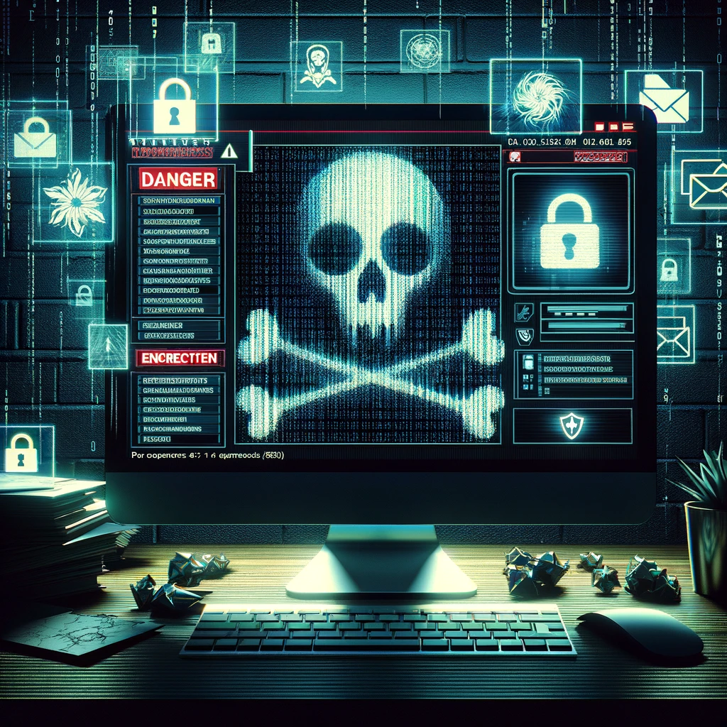 Infographic detailing the top 5 types of ransomware threats including Encrypting Ransomware as a digital locksmith, Locker Ransomware as an exclusive club lockout, Scareware or Fake Antivirus Ransomware as a computer costume party, Doxware as a gossip-mongering digital goblin, and Ransomware as a Service (RaaS) as a chaos-causing online rental store. Highlights the unexpected 'Ransomcough' encounter through shady online activities and previews effective combat strategies for a cyber-hero's adventure against ransomware threats. Visualizes a dynamic cyber-battlefield for proactive digital defense and cybersecurity awareness.