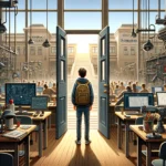 An illustrated collage showcasing the vibrant life at HTL Donaustadt, featuring a diverse group of students engaging in engineering projects and studies amidst lecture halls and labs. The image captures the essence of overcoming challenges and adapting to college life, highlighted by visual metaphors of resilience such as bridges being built from textbooks to symbolize the journey from learning to application in the real world.