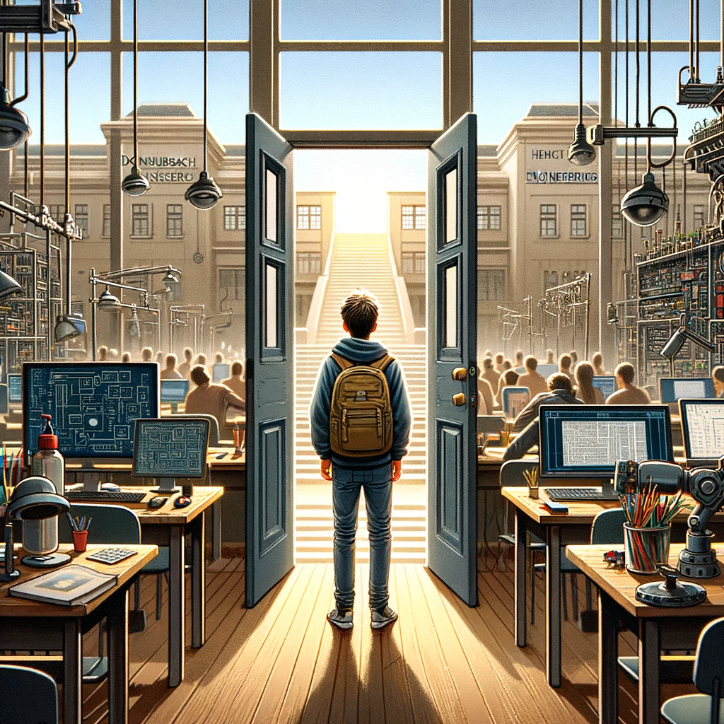 An illustrated collage showcasing the vibrant life at HTL Donaustadt, featuring a diverse group of students engaging in engineering projects and studies amidst lecture halls and labs. The image captures the essence of overcoming challenges and adapting to college life, highlighted by visual metaphors of resilience such as bridges being built from textbooks to symbolize the journey from learning to application in the real world.