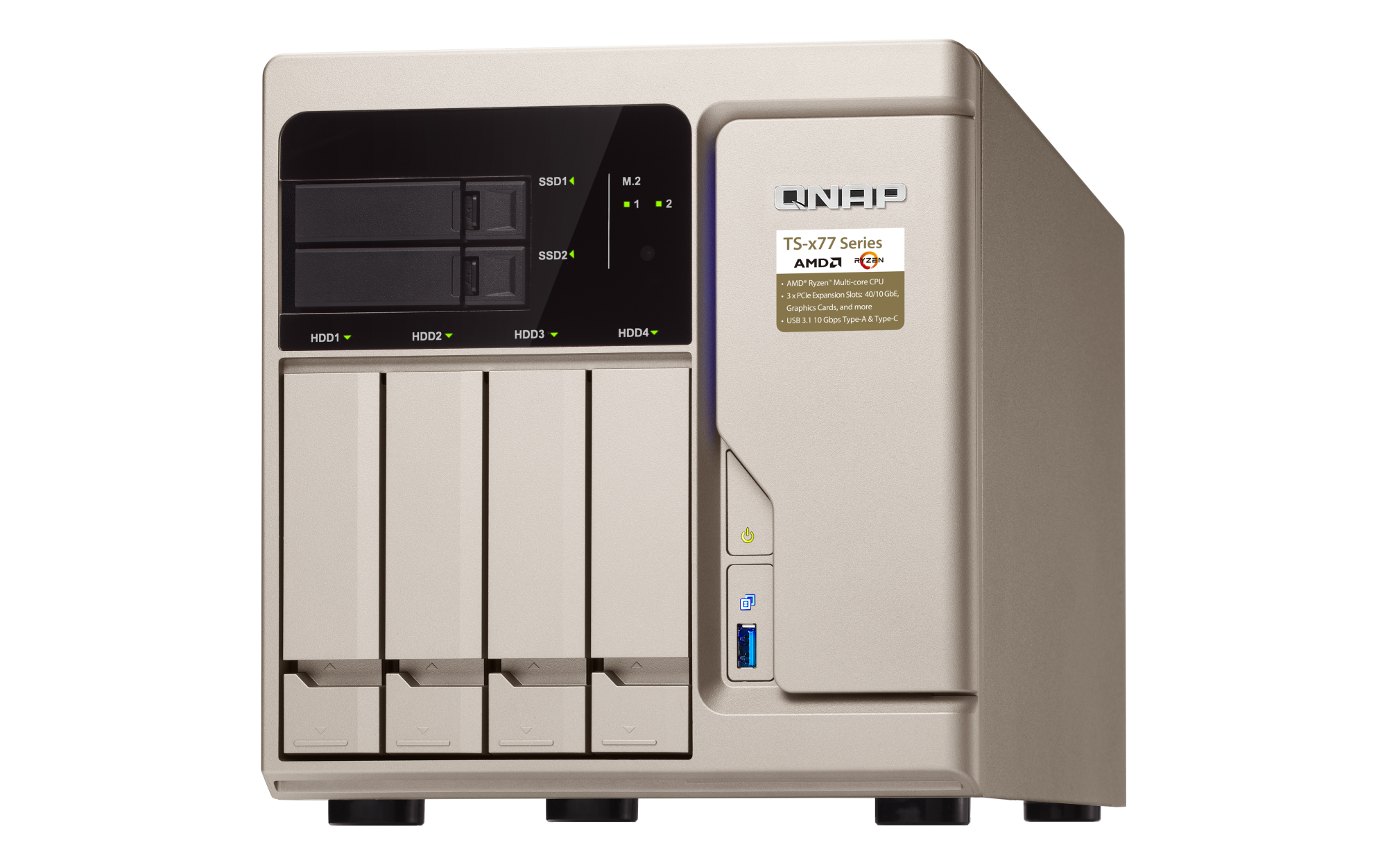 A dynamic setup showcasing the QNAP TS-677 NAS system, prominently featuring its robust AMD Ryzen processor and expanded 64GB RAM configuration. The image captures the essence of high-tech innovation and scalability, with PCIe expansion slots visible, hinting at future upgrades. Surrounding the NAS are accessories symbolizing its versatile connectivity options and the QTS operating system interface on a monitor, highlighting its user-friendly, efficient management capabilities. This visual representation emphasizes the QNAP TS-677 as not just a storage solution but a central hub for tech enthusiasts looking to explore and expand their digital horizons.