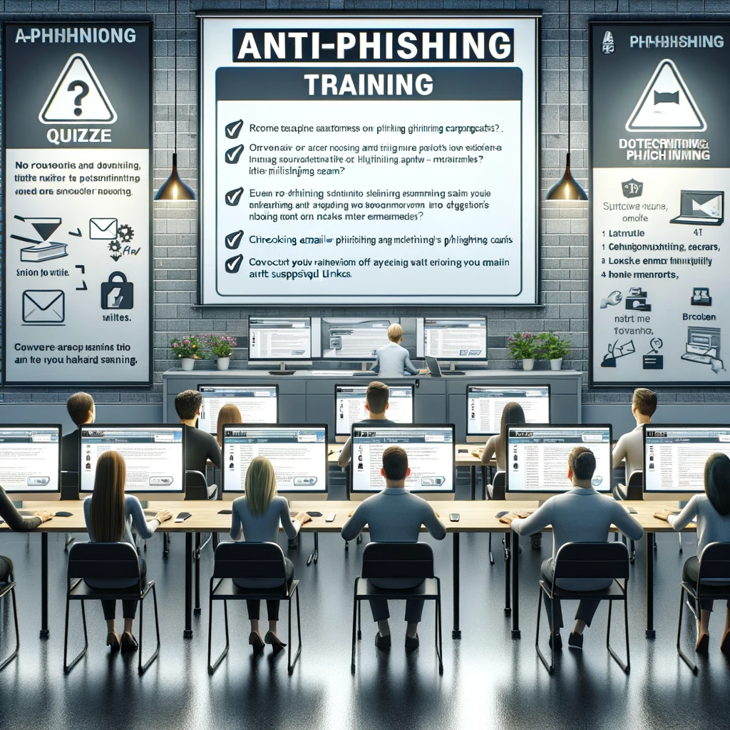 A comprehensive visual guide displaying the top cybersecurity strategies to combat phishing attacks, including education and training sessions with individuals engaging in interactive learning, an email filter acting as a shield protecting an inbox, multi-factor authentication depicted as a digital gatekeeper ensuring secure access, a secure website highlighted by the HTTPS protocol shield, and software updates represented as armor upgrades for devices. Additionally, a scene showing a user swiftly reporting a phishing incident to a depicted incident response team, ready for action. This illustration serves as an educational toolkit, empowering viewers to defend their digital domain against phishing threats confidently.