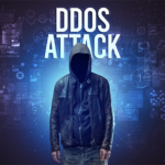 Graphic illustration of various DDoS attack methods against a digital landscape. Icons represent volumetric, protocol, and application layer attacks, along with botnets, amplification, and reflection techniques. The image conveys the complexity and threat of cyber attacks in a stylized, visually engaging format.