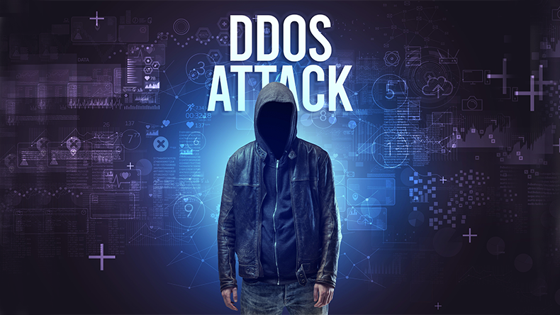 Graphic illustration of various DDoS attack methods against a digital landscape. Icons represent volumetric, protocol, and application layer attacks, along with botnets, amplification, and reflection techniques. The image conveys the complexity and threat of cyber attacks in a stylized, visually engaging format.